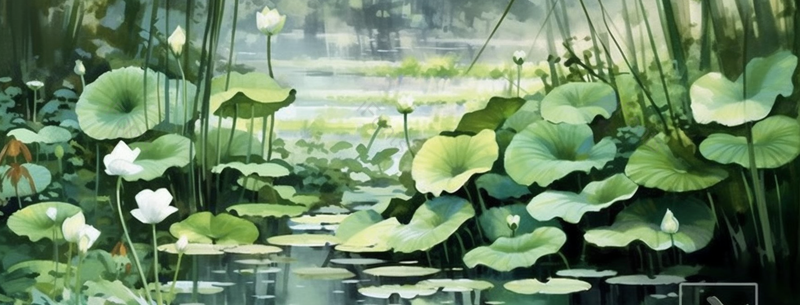 绿色池塘里盛开的荷叶荷花插画,插画/手绘图,插画/手绘图库,插画/手绘图下载,插画/手绘